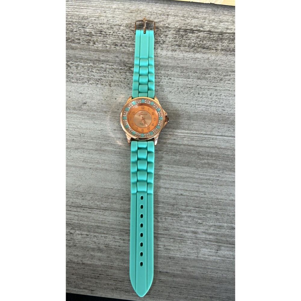 Ladies Geneva Quartz Watch Green Band Silicone Jelly Band Rhinestones Dial